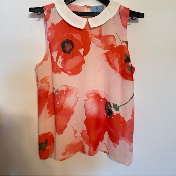 CeCe Red and Pink Sleeveless Blouse with Peter Pan Collar - Picture 1 of 10